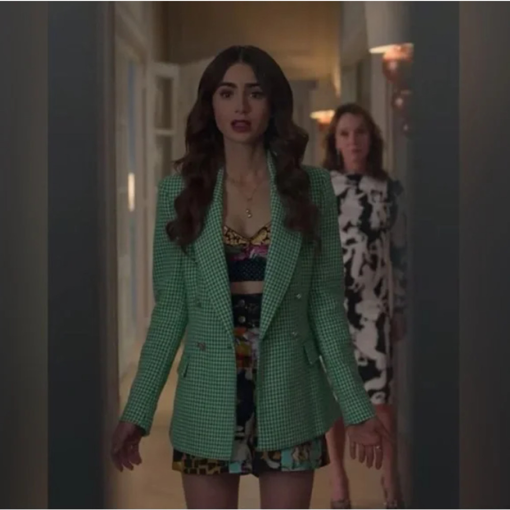ASO Emily in Paris Zara Green Blazer Tweed Houndstooth Double Breasted Blazer